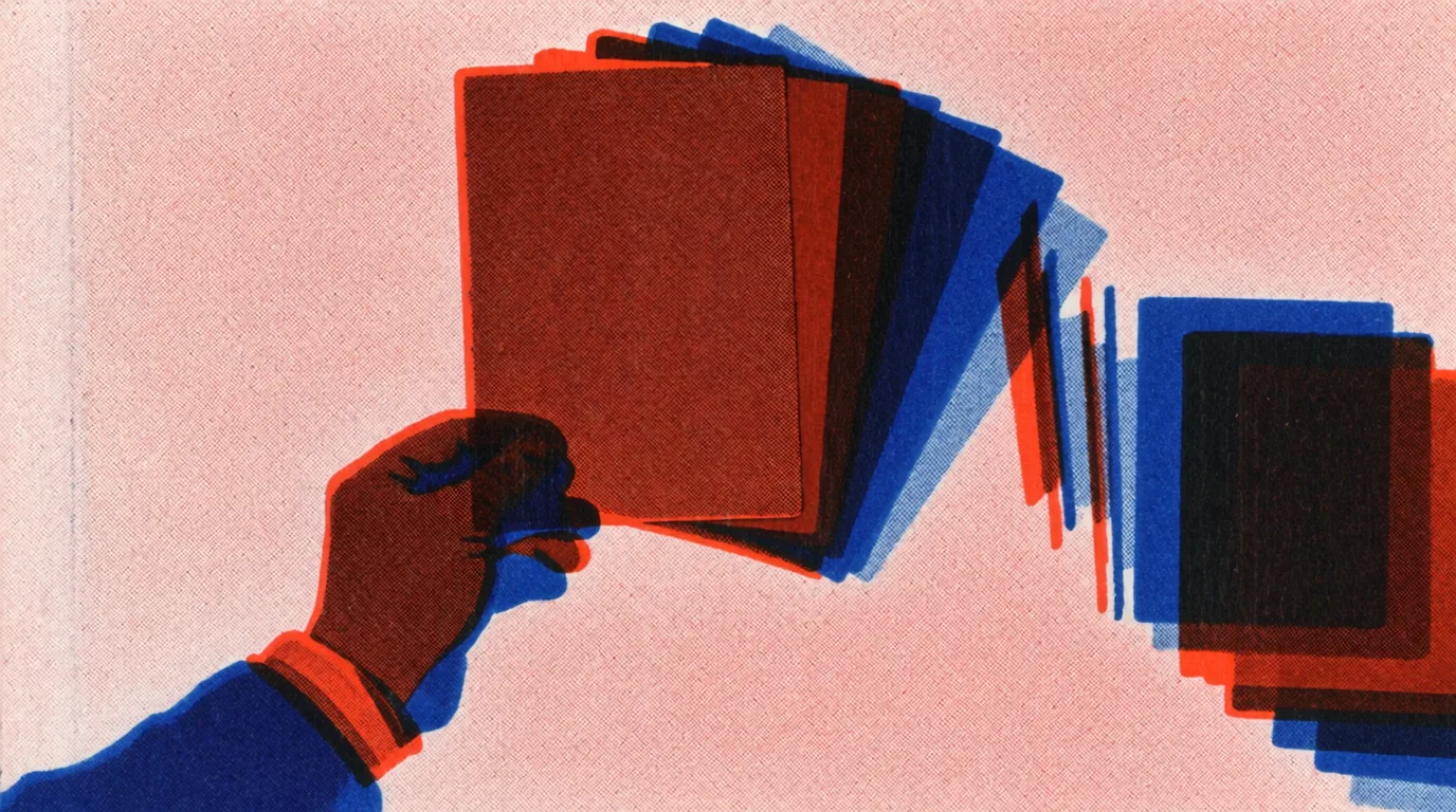 L'audit de maillage interne illustré par une main tenant des cartes rectangulaires rouges et bleues superposées sur un fond rose.