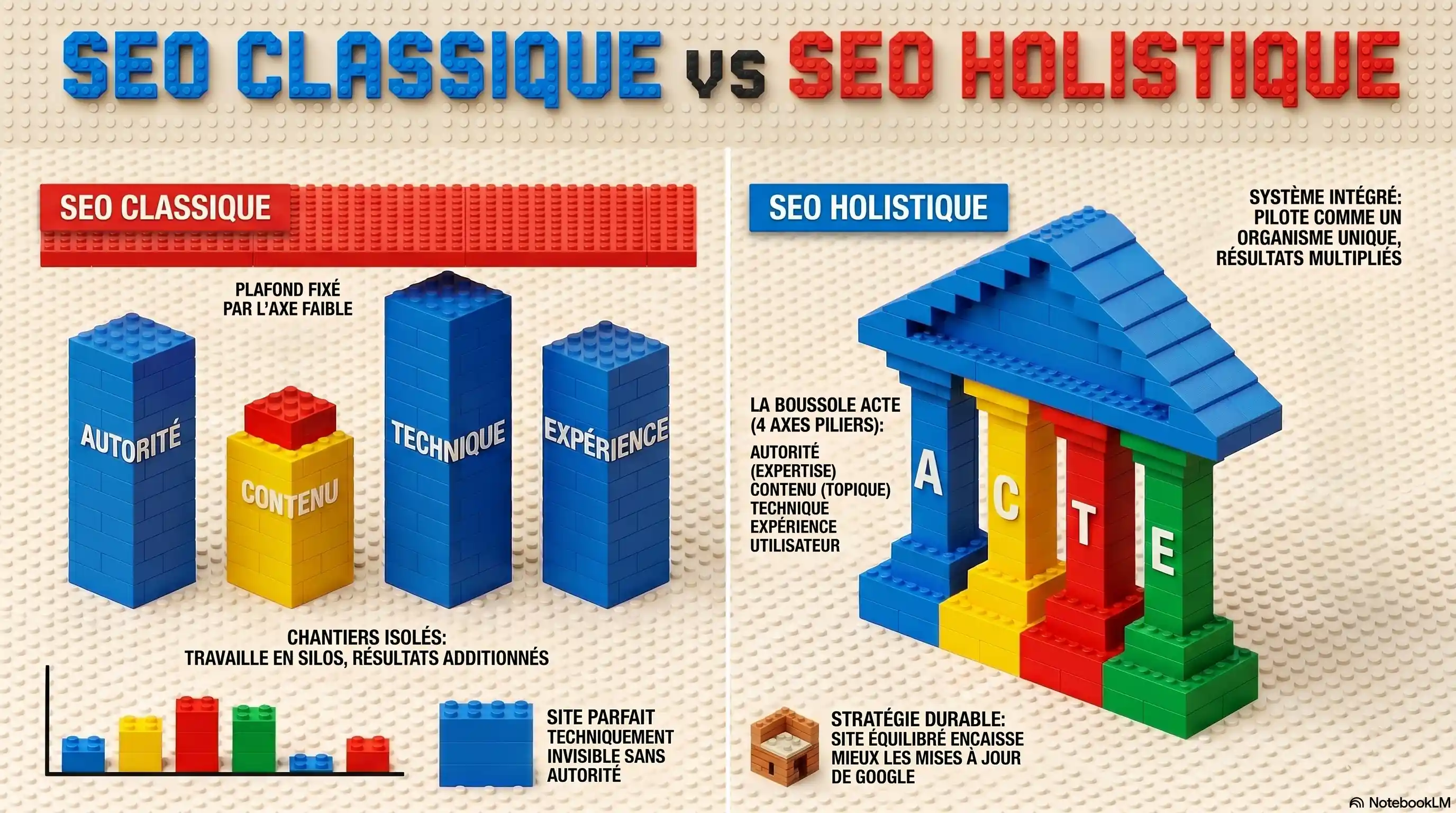 Infographie comparant le SEO classique, où autorité, contenu, technique et expérience sont des chantiers isolés plafonnés par l'axe le plus faible, et le SEO holistique, qui pilote ces quatre axes (boussole ACTE) comme un système intégré